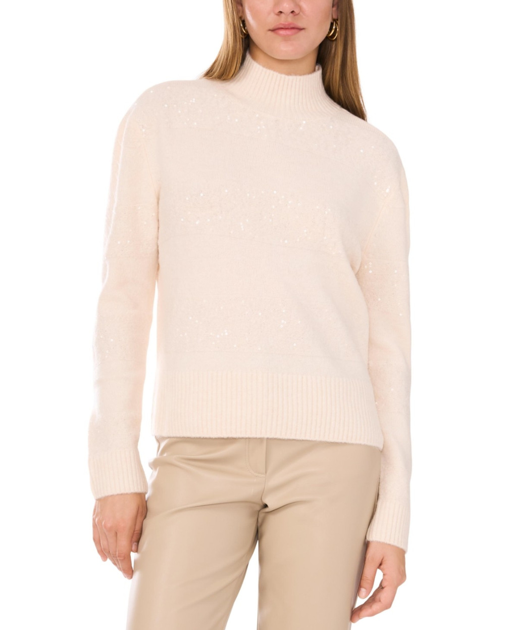 Vince Camuto Women Sequin Stripe Turtleneck Sweater Whisper Pink Size XS